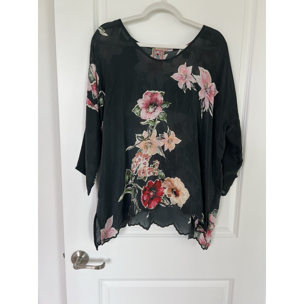 Johnny Was Asymmetrical Flowy Top Black Dark Floral Boho Size M